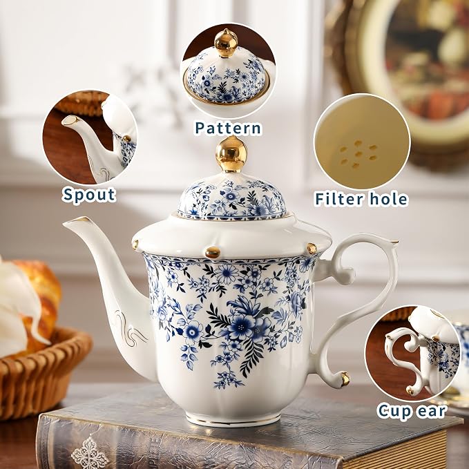 TATSUMI Country Roses Porcelain Tea Set, European Ceramic tea set for adults,Vintage Style, For Women and Tea Parties (BLUE, 21 Pieces Set)