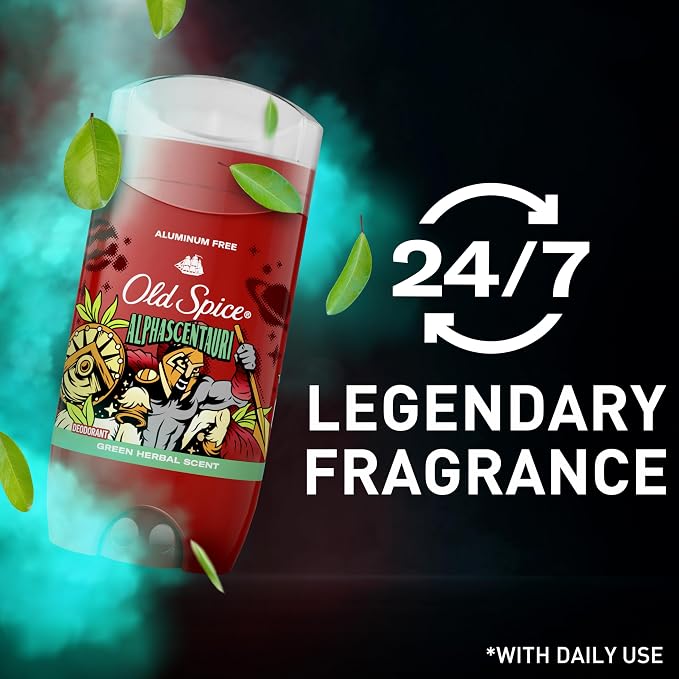 Old Spice Aluminum Free Deodorant for Men, 24/7 Odor Protection, 24/7 Freshness & Lasting Scent, Goes on Clear, Alphascentauri with Green Herbal Scent, 3.0 oz