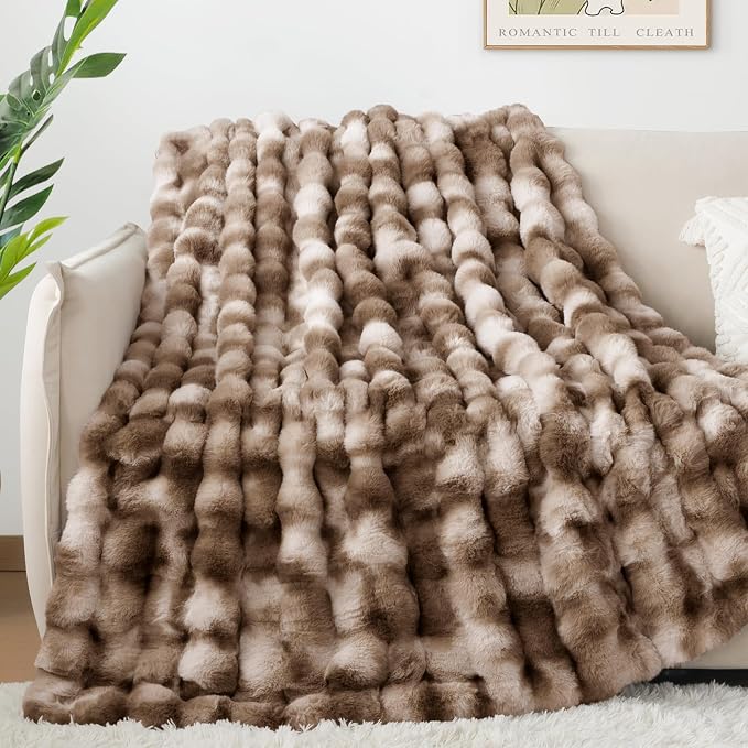 Luxury 1000GSM Rabbit Faux Fur Blanket, Super Heavy Warm Cozy Brown Blankets for Couch Bed Sofa, Ruched Plush Fuzzy Elegant Soft Reversible Mink Blanket for Living Room Bedroom, 60" x 80"