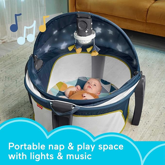 Fisher-Price Portable Baby Bassinet and Play Space Deluxe On-the-Go Projection Dome with Lights Music and Canopy, Cool Hues