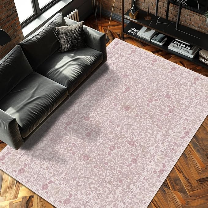 Vintage Pink Living Room Rug, 6x9 Washable Area Rugs for Dining Room Under Table, Soft Low Pile Large Carpet Bedroom, Non-Slip Boho Floral (6 x 9 Pink)