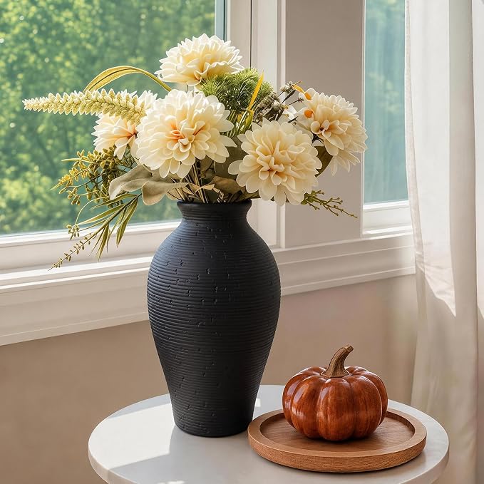 Ceramic Flower Vase Home Decor, 11 in Farmhouse Table Black Vases Rustic Vintage Living Room Kitchen Bedroom Decorations Pottery Decorative Vases for House Shelf Office Coffee Desk Dining Fireplace