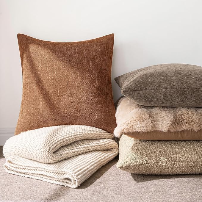MIULEE 12x20 Inch Lumbar Textured Chenille Throw Pillow Covers Pecan Brown | Pack of 2 Decorative Soft Throw Pillows, Solid Textured Cushion Covers, Modern Home Decor for Couch Sofa Bedroom Living Room