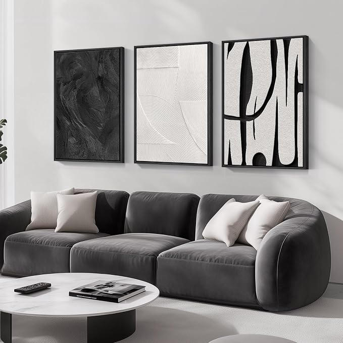 Large Framed Black and White Abstract Wall Art for Living Room, 3 Piece | Modern Canvas Prints, Black White Artwork for Walls, Minimalist Pictures, Bedroom Office Paintings Wall Decor Total 30x60 In