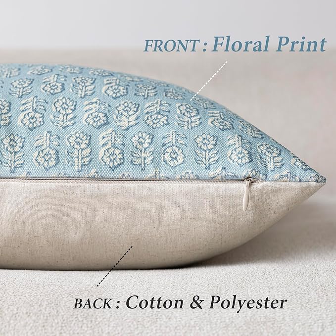 Foindtower Set of 2 Decorative Vintage Floral Print Throw Pillow Covers Neutral Accent Farmhouse Cushion Covers Boho Home Decor for Sofa Couch Chair Bedroom Living Room Outdoor,22×22 Inch,Sky Blue