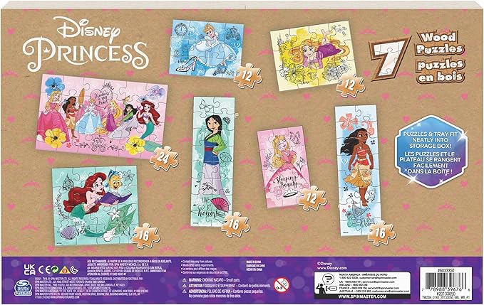 Spin Master Games, Disney Princess Puzzles, 7-Pack, Jigsaw Kids Puzzles, 12, 16, & 24 Pieces, Featuring Ariel, Tiana, Rapunzel, Pocahontas, Storage Tray, Easter Gift, for Ages 4 & Up