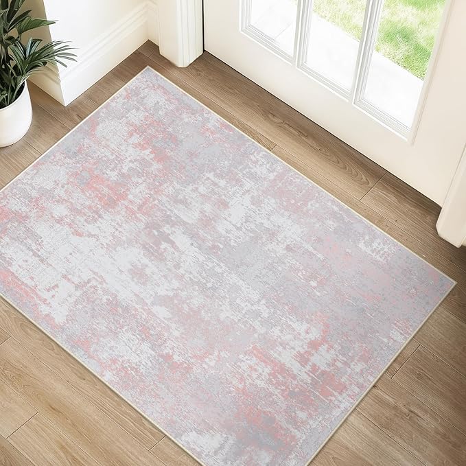 RELEANY Washable 2'x3' Abstract Area Rug for Living Room Gray Pink | carpet for bedroom, kitchen, office, hallway and entryway, printed pattern, non-slip, soft, stain-resistant, easy to clean
