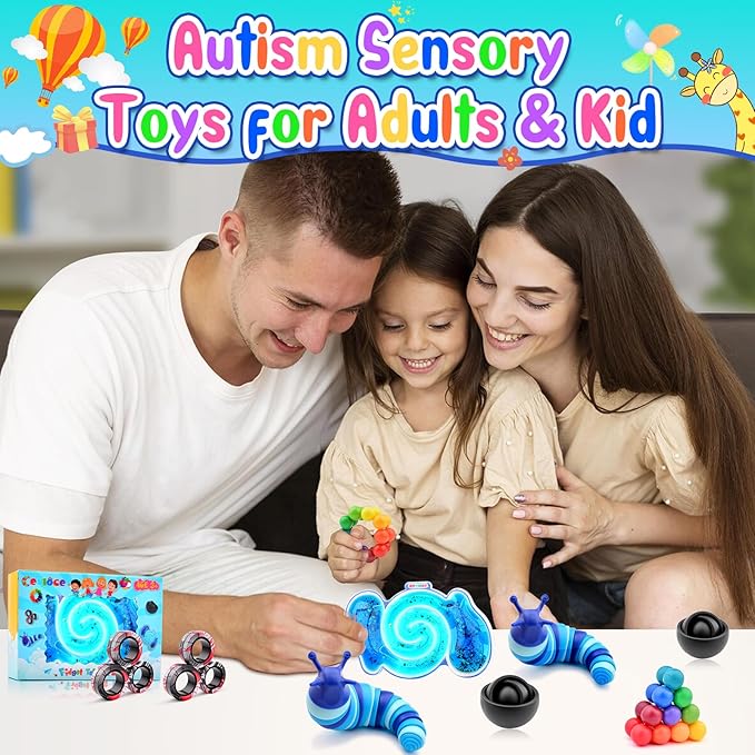 Cevioce 10Pcs Fidget Toys Adults Pack,Stocking Stuffers for Teens Boys Girls,Autism Sensory Toys with Fidget Spinner Slug Magnetic Rings,Squishy Fidget Toys ADHD Stress Relief,Party Favor for Kid-BB
