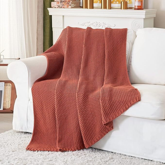 Chunky Cable Knit Throw Blanket Lightweight Rust 100% Organic Cotton Blanket for Sofa Couch Bed Baby Nursery, Rustic Shabby Chic Modern Farmhouse, 60” x 80” Give Laundering Bag
