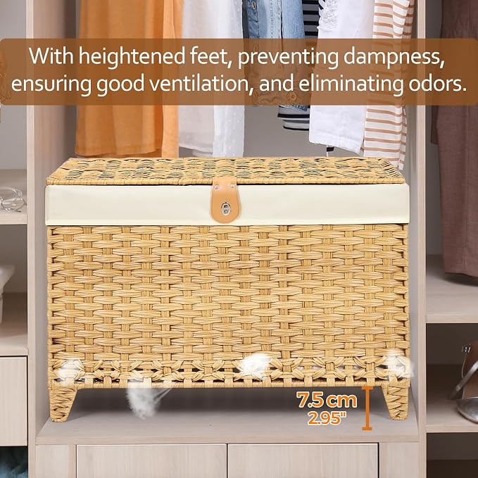 Wicker Storage Basket with Lid, 160L Shelf Basket with Removable Liner Bag | Rattan-Inspired Woven Design, Elevated Feet, Storage Trunk for Wardrobe, Bedroom & Home Organization