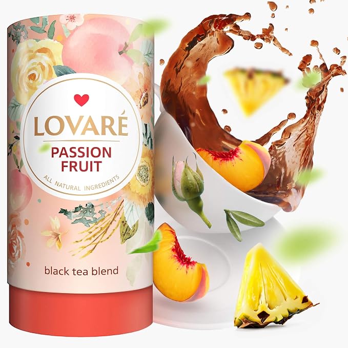 LOVARE Passion Fruit Loose Leaf Tea 80 g - Made in Ukraine - Black Tea, Orange Peel, Rosebuds, Calendula Petals, Safflower Petals, Pineapple, Peach with 15 Paper Filters (Passion Fruit)