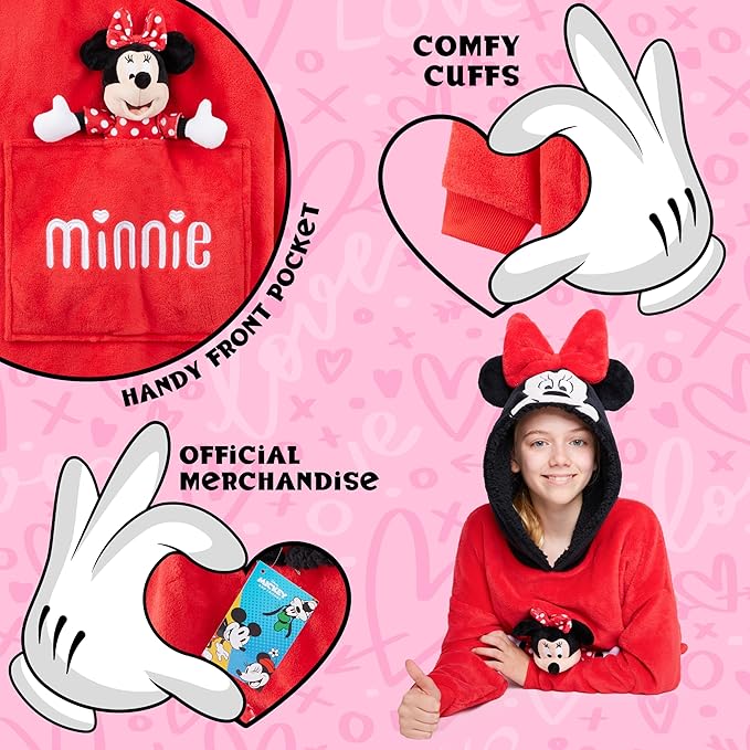 Disney Blanket Hoodie with Plushie and 3D Ears Wearable Comfy Oversized Sweatshirt Sherpa Fleece Blanket Gifts for Kids
