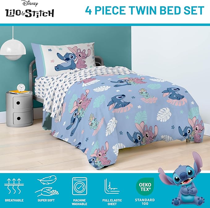 Jay Franco Disney Lilo and Stitch Twin Size Comforter Set - 4 Piece Bedding Includes Sheet Set, Pillow Covers & Bonus Duffle Bag - Super Soft Kids Bedding