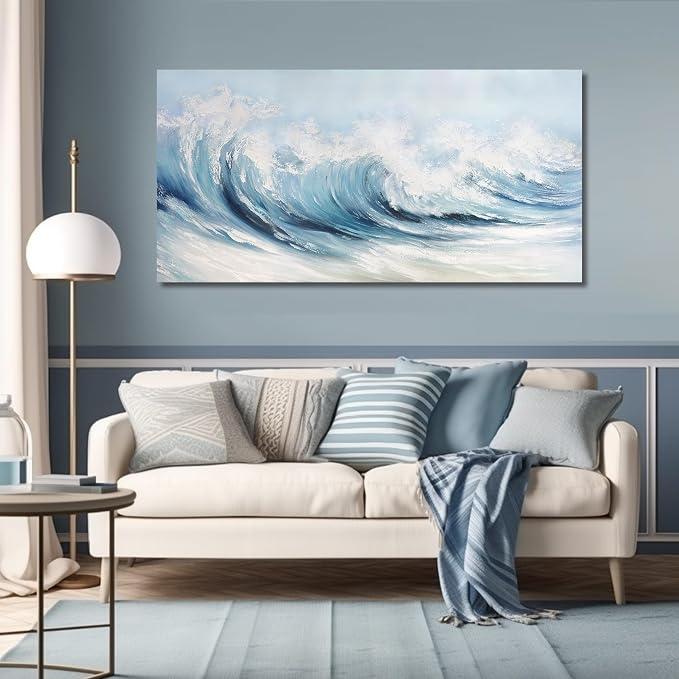 Belmrxne Coastal Wall Decor White Wall Art Ocean Artwork Textured Canvas Painting Wave Wall Painting for Living Room Dining Room Kitchen Office 24x48 Inches