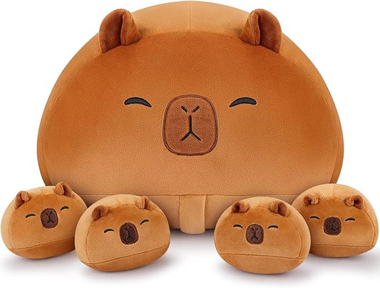 5 PCS Capybara Plush Stuffed Animal Family-19" Large Round Capybara Plush, Large Mommy Plushies with 4 Baby Plushie Toy for Kids, Kawaii Body Pillow Christmas Birthday Gifts for Kids Boys Girls
