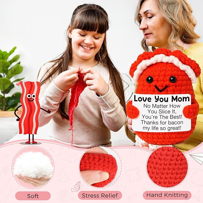 Mini Birthday Gifts for Mom from Daughter Son Christmas Thanksgiving Day Gifts Cute Handmade Crochet Bacon Gift for New Mommy Step Bonus Mom Mother in Law Christmas Stocking Stuffers Ideas