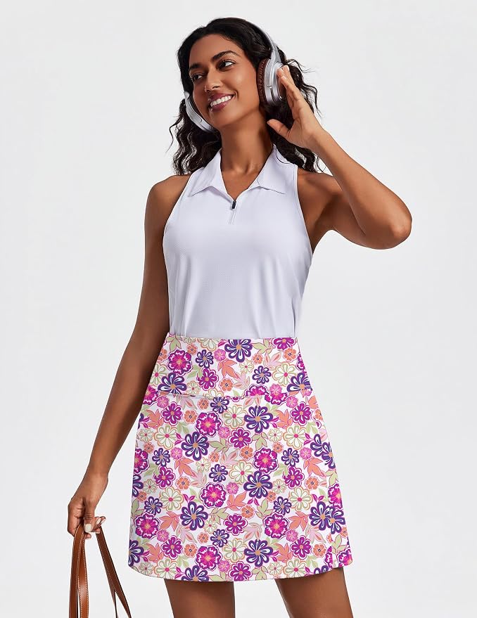 PINSPARK 19" Knee Length Skorts for Woman with Pockets UPF 50+ Golf Skirts | 4 Pockets, Built-in Shorts, High Waisted & Tummy Control, Moisture-wicking for Golf Athletic Tennis Workout Casual