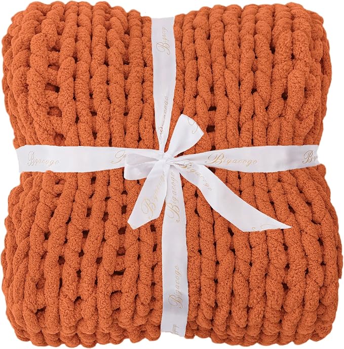 Bigacogo Chunky Knit Throw Blanket for Couch, 40x60 inches, Terracotta | Hand Knit with Jumbo Chenille, Soft Breathable Cable Knit for Sofa Bed Living Room, Machine Washable, Gift for Mom Friend