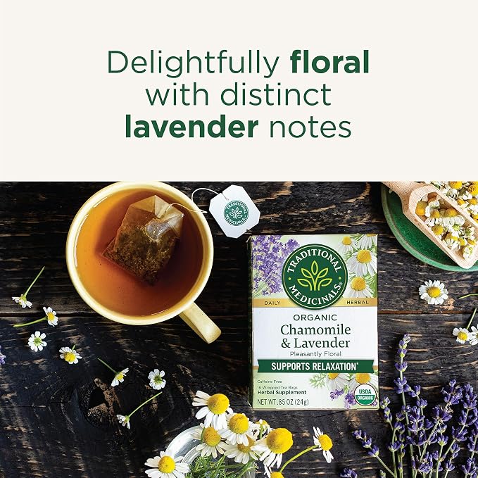 Traditional Medicinals Organic, Chamomile & Lavender - Chamomile Tea Supporting Stress Relief and Relaxation - Kosher, Non-GMO, Caffeine-Free, Compostable - 16 Tea Bags (Pack of 2)