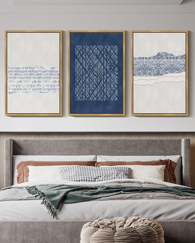 Drsoum Blue Abstract Boho Framed Wall Art Large 24x36in Minimalist Mid-Century Modern Wall Decor Geometric Artwork Kitchen Dining Room Black Framed