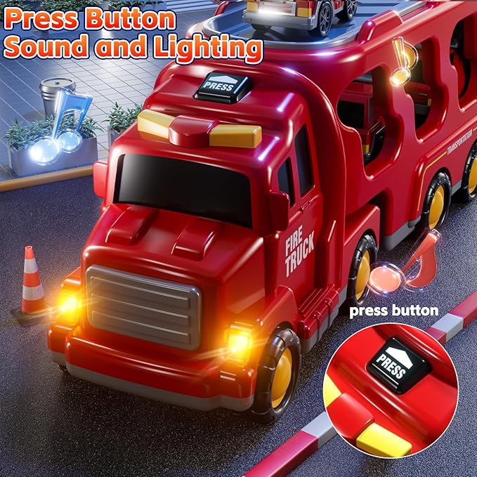 Fire Truck Toys for Toddler 1-3 3-5, 7-in-1 Fire Car Carrier Vehicle Set for Girls 1 2 3 4 5 6 Years Old, Transport Car with Light Sound, Birthdays Gifts for Kids Girls Aged 3-9