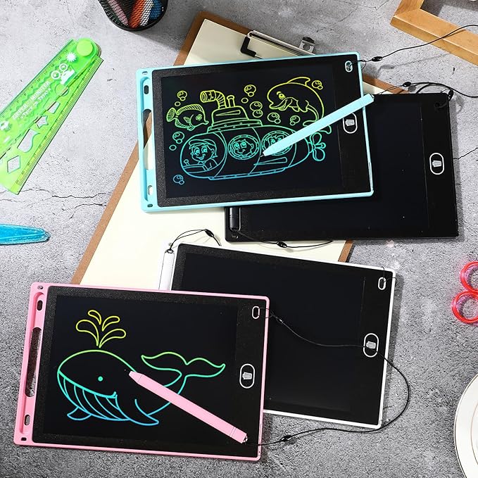 Tinlade 12 Pack LCD Writing Drawing Tablets 8.5 Inch Bulk Colorful Doodle Board Erasable Electronic Painting Drawing Pads Learning Toy Gifts for Kids Christmas School(Pink, Light Blue, White, Black)