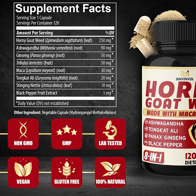 BMVINVOL Horny Goat Weed for Men and Women with Maca, Tribulus, Ginseng, Ashwagandha, Tongkat Ali - 120 Capsules for 4 Month Supply