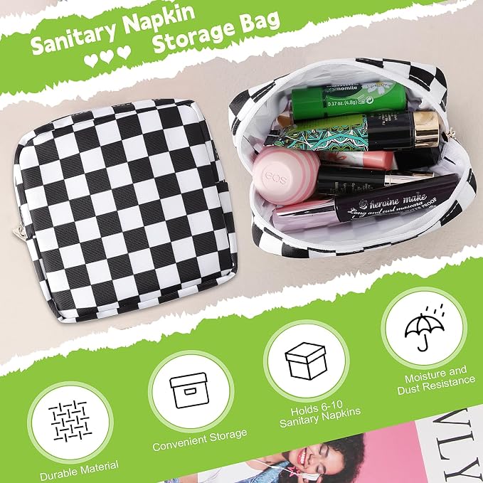 Sanitary Pad Storage Bag Portable Period Bag for Teen Pads/Sanitary Napkins/Small Tampons, Sanitary Napkin Storage Bag First Period Gifts for Teen Girls (Black-white Check)