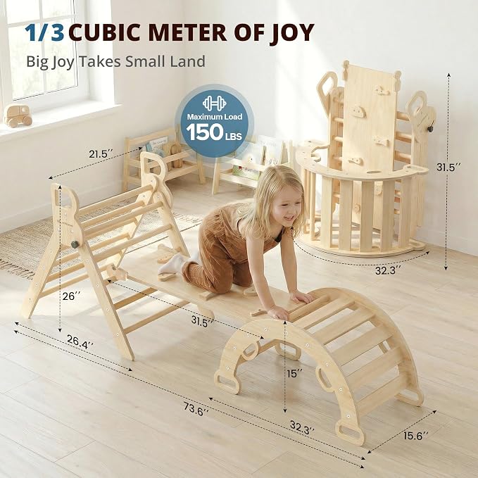 BlueWood Pikler Triangle Set, Toddler Wooden Climbing Toys Indoor 7in1 Climber, Foldable Kids Climbing Toys, Montessori Play Jungle Gym with Arch, Ramp, Ladder (Natural)
