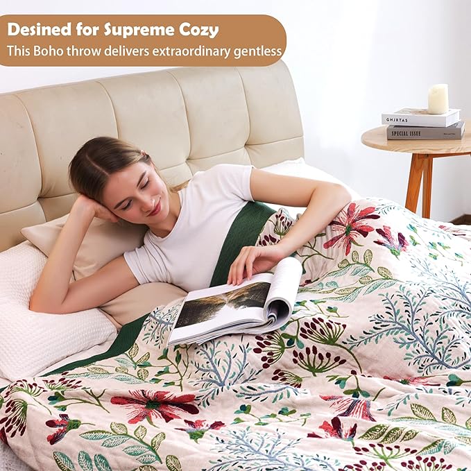 VANJOROY Boho Throw Blanket, 100% Organic Cotton Breathable Ultra Soft 60" x 80" Bed Quilt Throw - All Season Floral Rustic Farmhouse Decor Luxury Reversible Blanket for Sofa Couch Chair and Gift