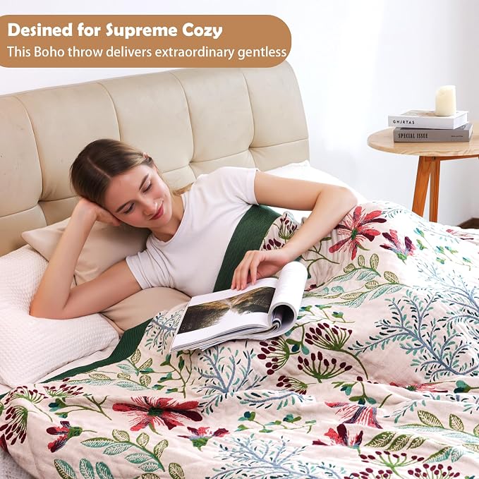 VANJOROY Boho Throw Blanket, 100% Organic Cotton Breathable Ultra Soft 80" x 90" Bed Quilt Throw - All Season Floral Rustic Farmhouse Decor Luxury Reversible Blanket for Sofa Couch Chair and Gift