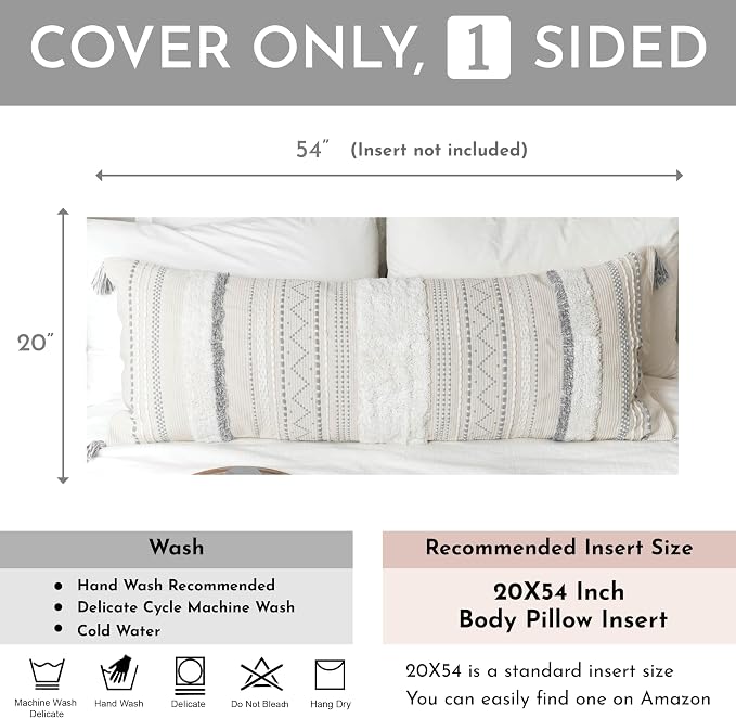 20X54 Oversized Large Lumbar Pillow Cover for Bed, Rectangular Long Decorative Throw Pillowcase, Cotton Boho Accent Cushion with Gray Tufted Pattern and Tassels, Cream Neutral (Cover Only)