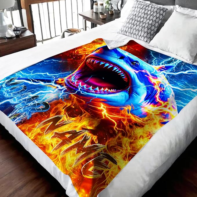Boys Personalized Blanket for Kids Shark Lovers Cool Throw Blankets Gift, 50x60 Inches Cozy Soft Custom Decor Throw for Sofa Chair Bed Office