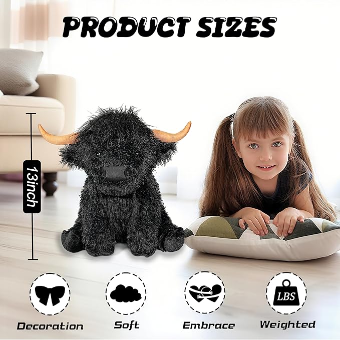 Highland Cow Weighted Stuffed Animals, 4 Lbs Black Highland Cow Plush 13.7 Inches, Surprise Weighted Stuffed Animals Gift for Kids Birthdays, Halloween, Christmas (Black)