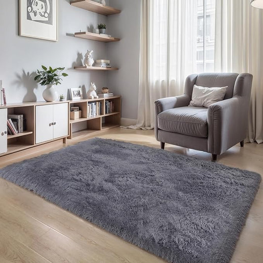 3x5 Thick Grey Fluffy Shag Rug for Bedroom, Plush Washable Carpet | Area Rug for Living Room, Kids Nursery, College Dorm, Non Slip Shaggy Floor Carpet