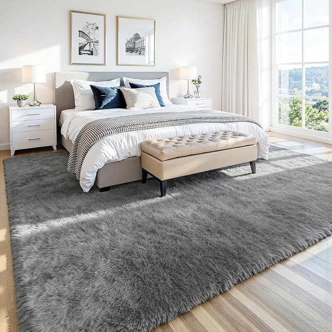 8x10 Area Rug for Living Room, Ultra Soft Fluffy Light Grey Rugs for Bedroom, Non Slip Large Shag Carpet, Fuzzy Plush Nursery Rug, Thick Washable Indoor Floor Carpets for Kids Office Dorm Home Decor