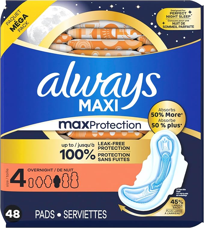 Always Maxi Overnight Feminine Pads with Wings for Women, Size 4, Overnight Absorbency, Unscented, Up to 100% Leak-Free Protection, 48 Count