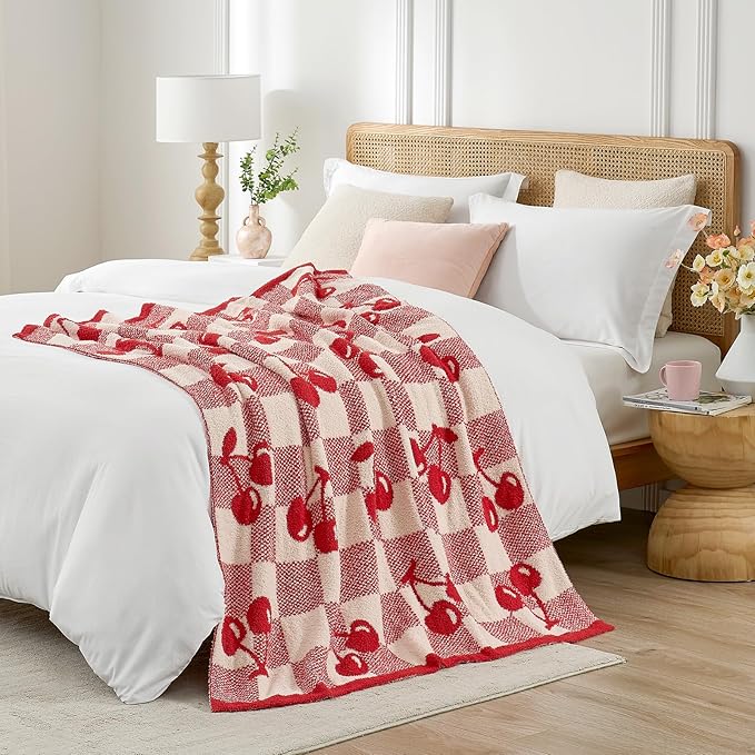 Snuggle Sac Red Cherry Throw Blanket for Couch, Microfiber Fluffy Warm Cozy Fuzzy Reversible Checkered Blankets for Sofa, Chair, Bed, 50x60 inches