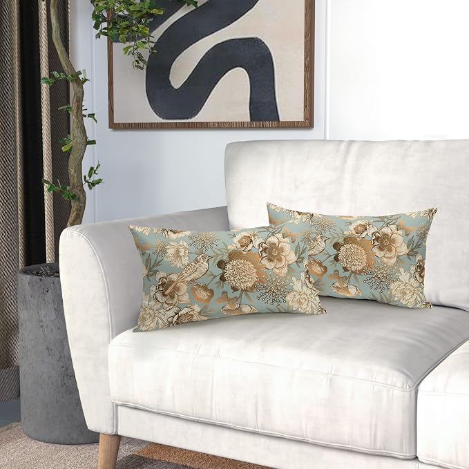 Vintage Floral Lumbar Pillow Covers 12X20 Inch Set of 2 Rose Gold Flowers Bird Butterfly Decorative Pillow Cases Blue Brown Cotton Linen Cushion Case Farmhouse Home Decor For Sofa Couch Living Room