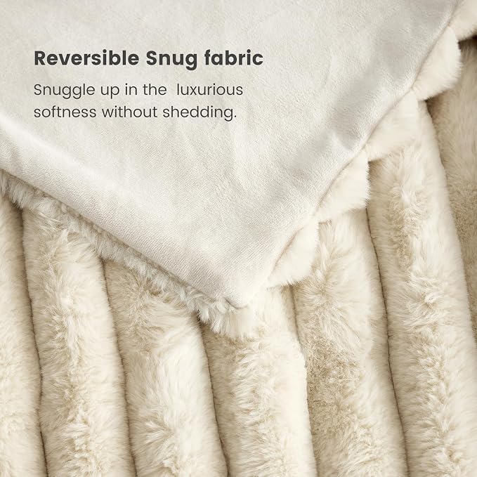 Cozy Bliss Faux Fur Throw Blanket for Couch, Cozy Warm Plush Striped Blanket for Sofa Bedroom Living Room, 50 * 60 Inches Beige