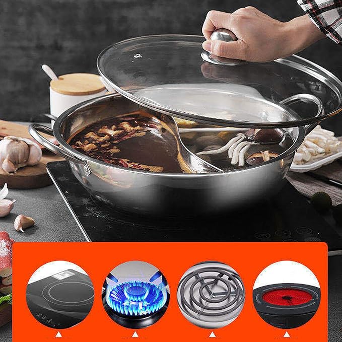 Shabu Shabu Hot Pot 12" Stainless Steel Hot Pot Pot with Glass Lid, Dual Side Split Pot Korean Ramen Pot for Induction Cookers, Gas Stoves, Electric Stoves, Ceramic Stoves
