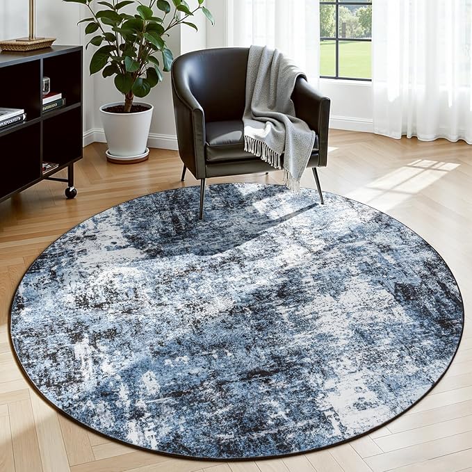 Rugflix Round Area Rugs 4Ft for Living Room, Washable Navy Blue Circle Rug | Machine Washable; Stain-Resistant; Low Pile; Non-Slip; Modern Abstract; Black Carpet for Bedroom Dining Office Nursery Home