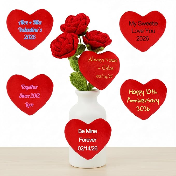 June Garden 17" Crochet Rose Flower Bouquet with Customizable Heart – 3 Soft Plush Rose with Bendable Stems – Personalized Embroidered Gift for Valentine’s Day, Anniversary or Home Décor