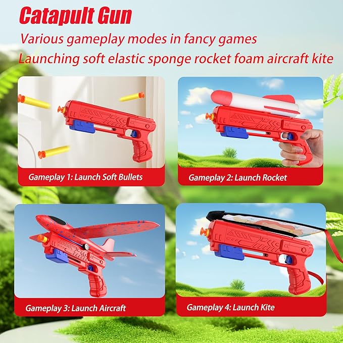 5PCS Airplane Launcher Toys, EVA Foam Glider Catapult Plane Toy for Kids Flying Toy - Fun Outdoor Flying Toy for Children Birthday Gifts for Boy Girl, Party Supplies,Red