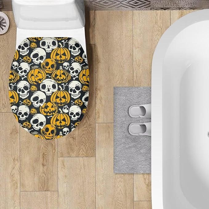 Toilet Seat Cover, Machine Washable Reusable Toilet Seat Cover, Suitable for Most Round, Elongated and Oblong Toilet Lid Cover-Halloween Skull Pumpkins