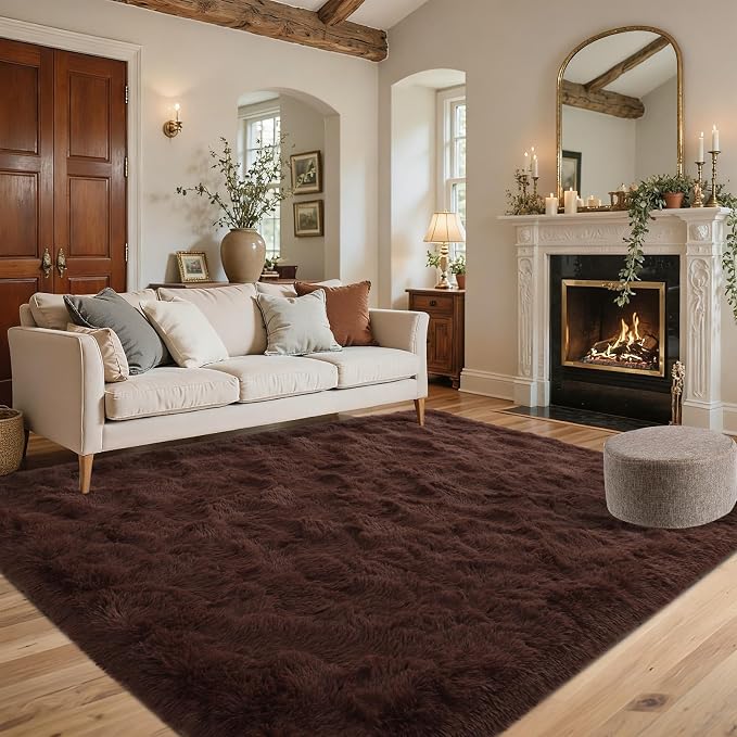 Coffee Brown 4x6 ft Fluffy Rug for Living Room,Fur Bedroom Area Rugs Non-Slip,Carpet for Nursery Kids PlayRoom Indoor Modern Plush Carpets