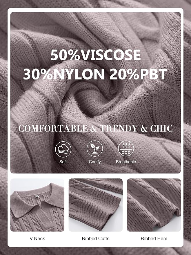 ANRABESS Womens Cable Knit Sweaters Long Sleeve V Neck | Pullover Collared Sweater Tops, Polo Knit Shirts, Business Casual Work, Tennis Golf, Fall Winter Fashion Outfits