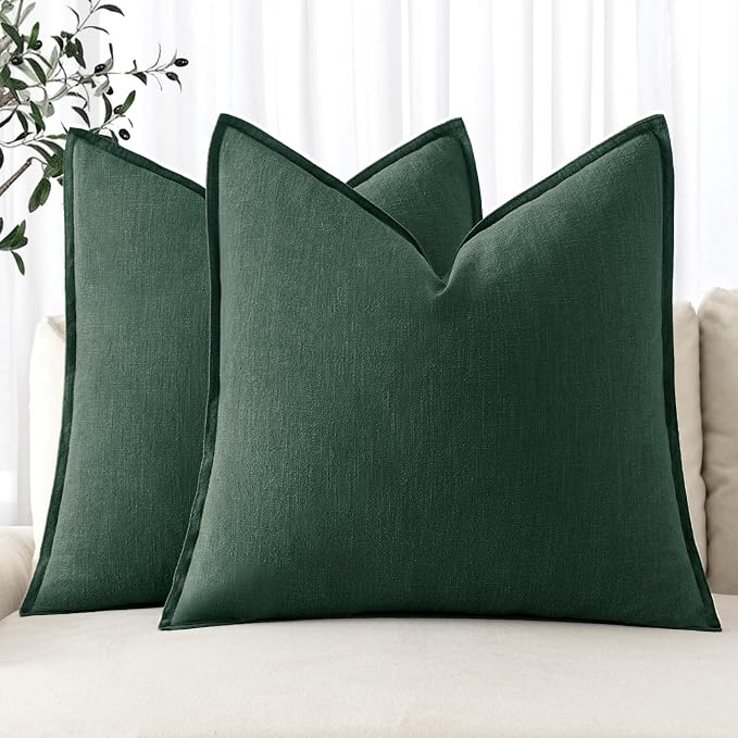MIULEE Decorative Linen Pillow Covers 20x20 Inch Dark Green | Boho Farmhouse Christmas Couch Throw Pillows for Bed, Pack of 2 Accent Modern Pillowcases, Sofa Livingroom Home Decor