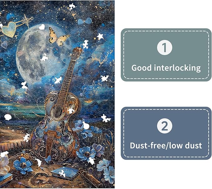 Guitar Moon Night Jigsaw Puzzles for Adults 1000 Pieces, Murder Mystery, Unique Brain Challenging Shaped Puzzle for Game Night, Family, Friends, Size 26.6x19.2