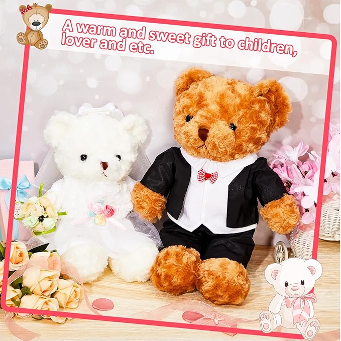 Civaner 2 Sets Bear Clothes Include Outfits of Groom's Tuxedo Suit and Bridal Dress Set, The Bear is Not Included, Suitable for 14-16 Inch Stuffed Animal Clothes
